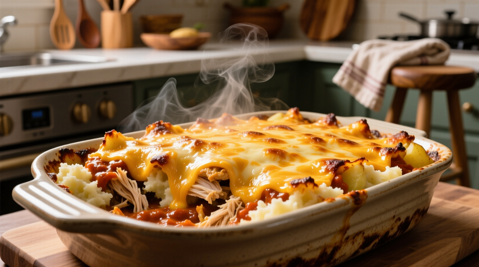 Golden chicken potato buffalo casserole with melted cheese topping