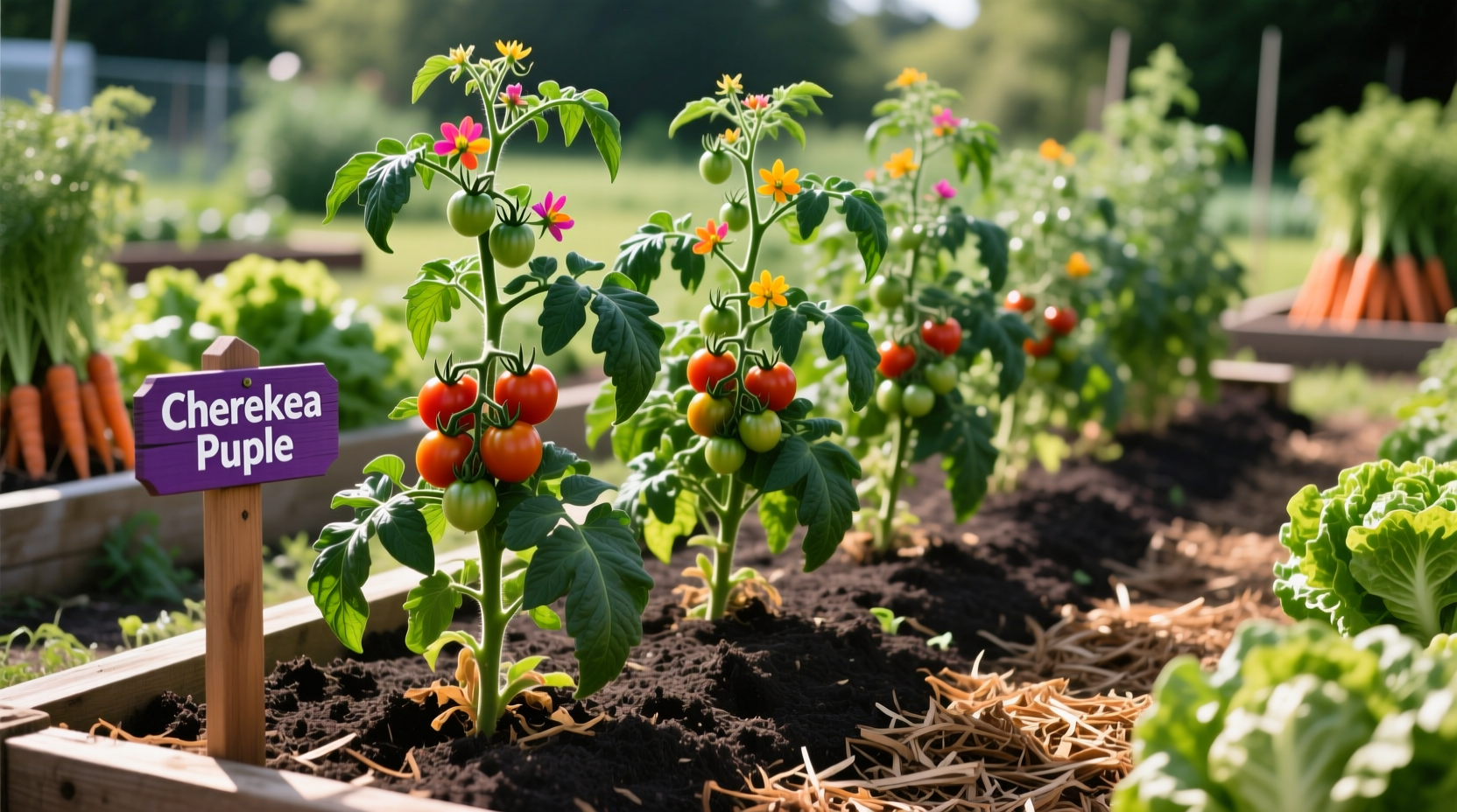 Tomato plants showing proper spacing in garden bed