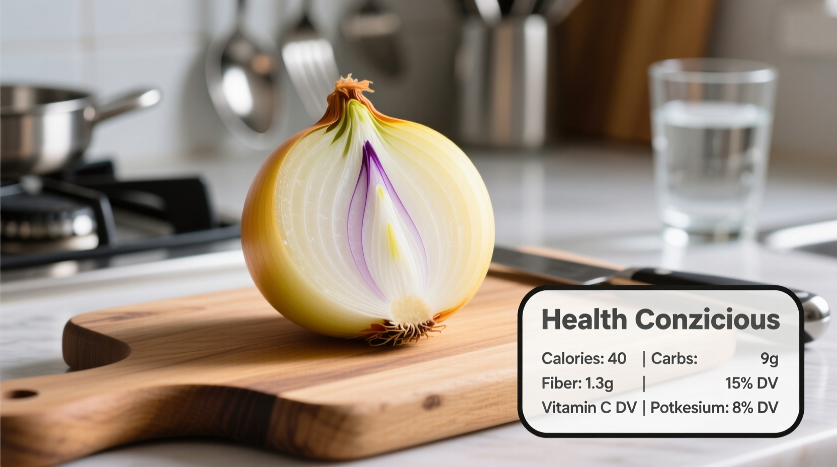 Fresh yellow onion on cutting board with nutritional facts