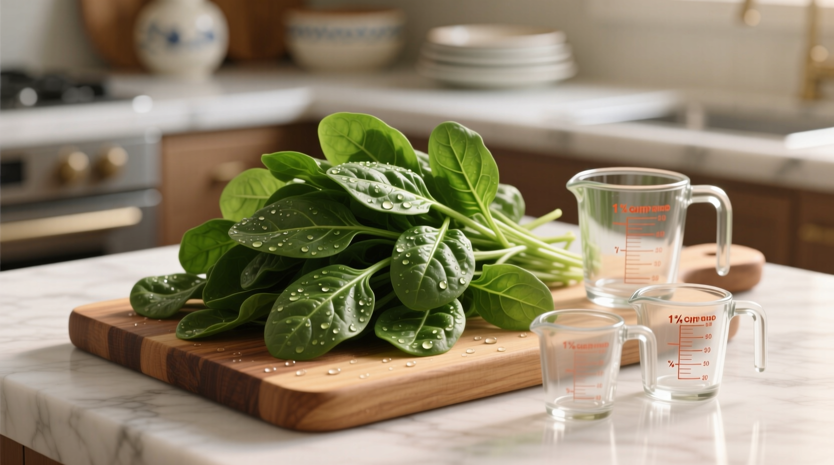 Fresh spinach leaves on cutting board with measuring cups