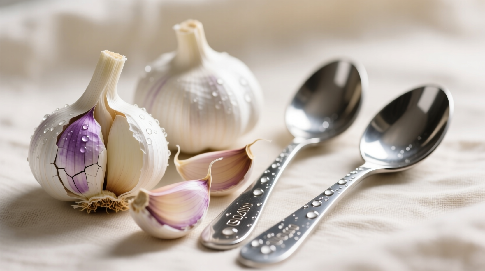 Fresh garlic cloves next to measuring spoons
