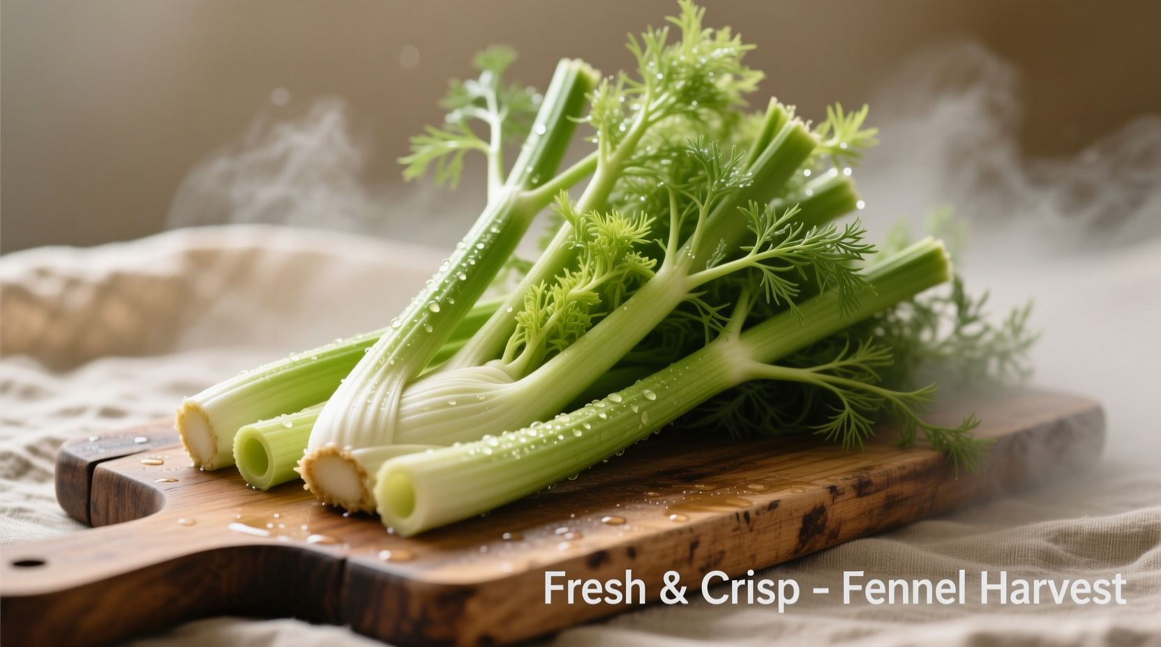 Fresh fennel stalks arranged on cutting board