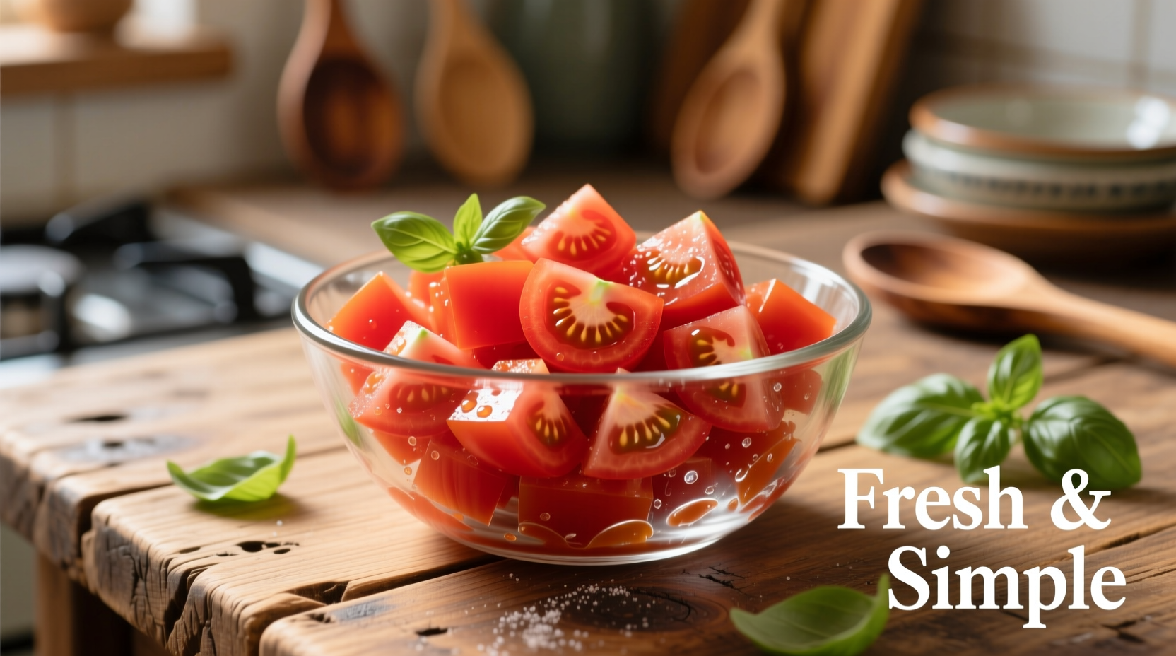 Fresh diced tomatoes in glass bowl on wooden table
