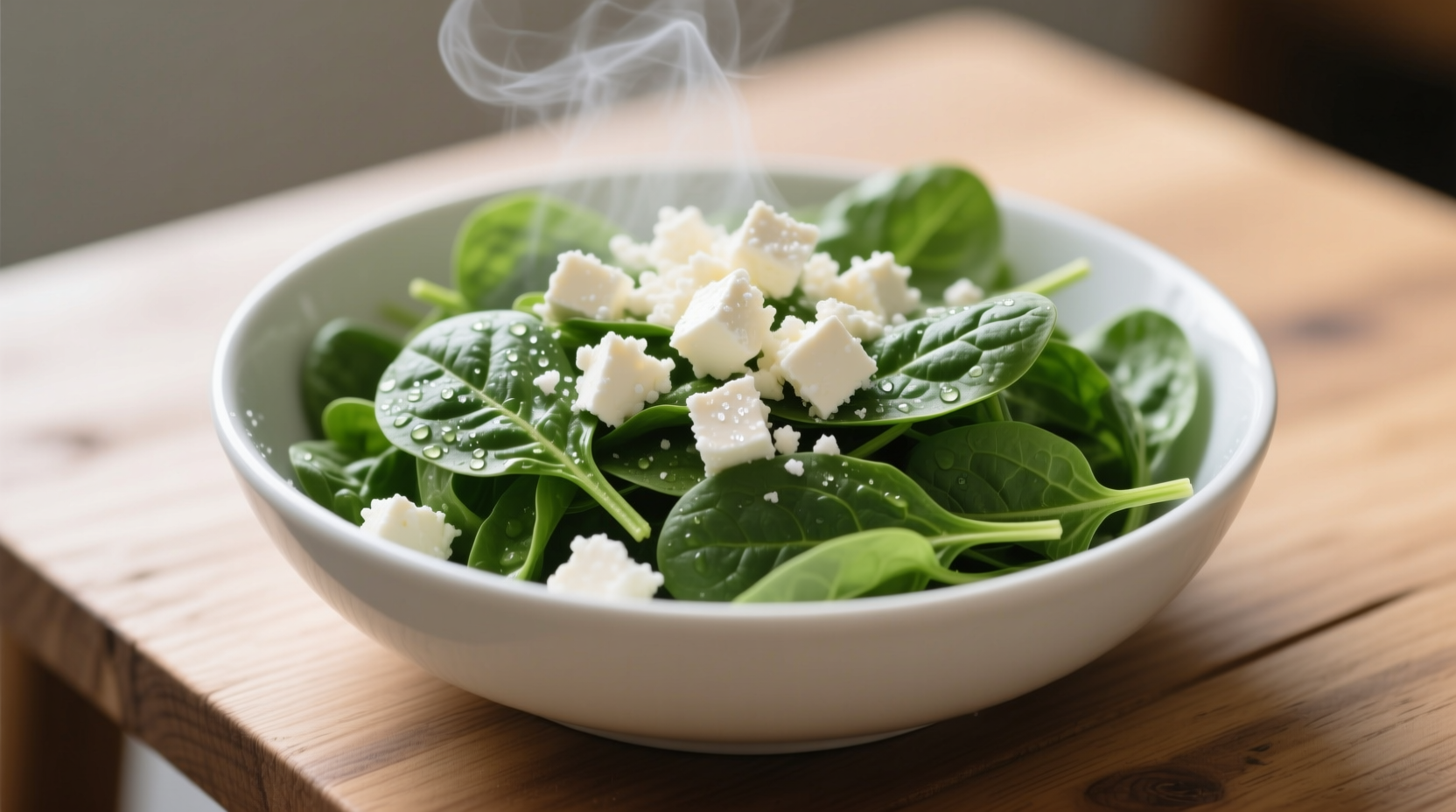 Fresh spinach and crumbled feta in a white bowl