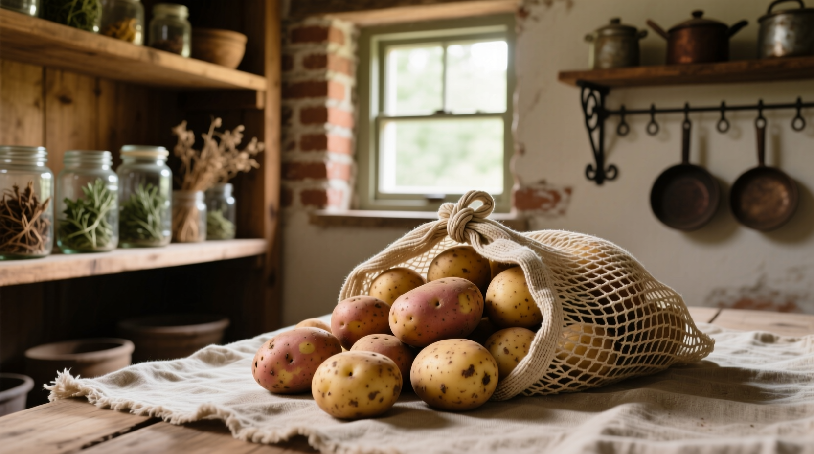 Mesh bag filled with russet potatoes in pantry