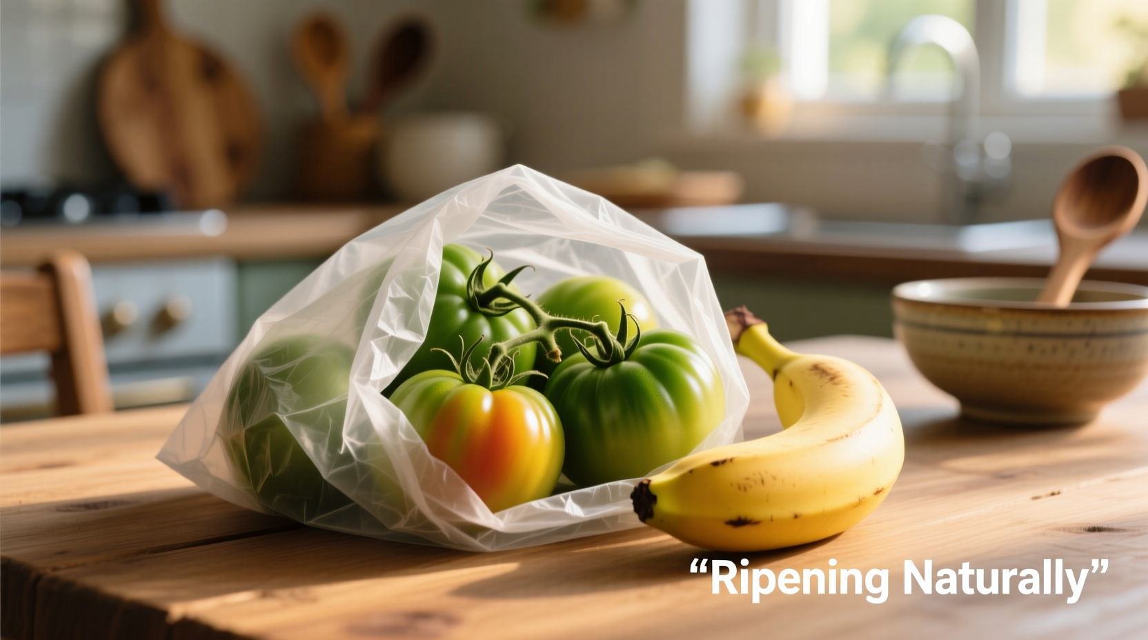Green tomatoes ripening in paper bag with banana