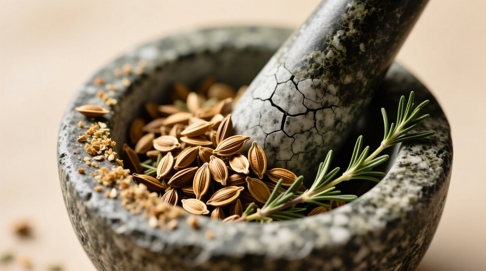 Close-up of toasted coriander seeds and dried thyme in a mortar, ready for grinding
