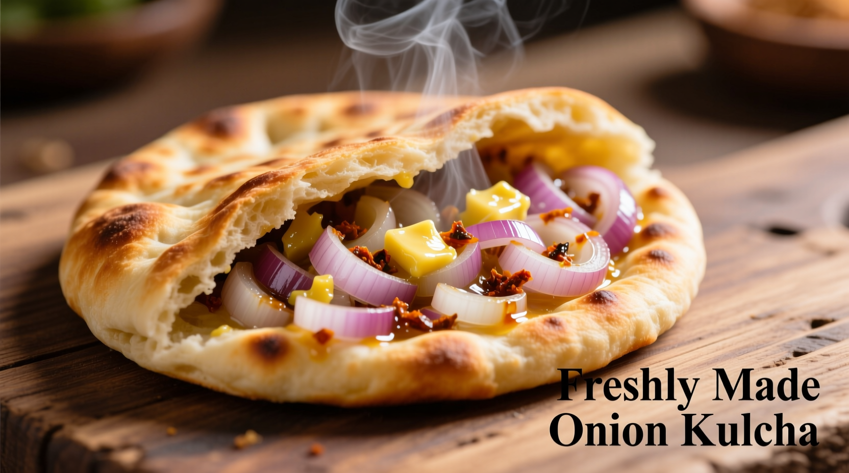 Freshly made onion kulcha with visible onion filling