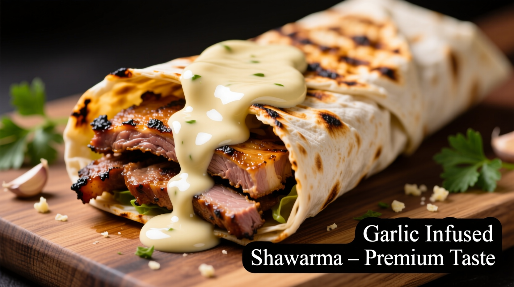 Creamy garlic sauce drizzled over shawarma meat