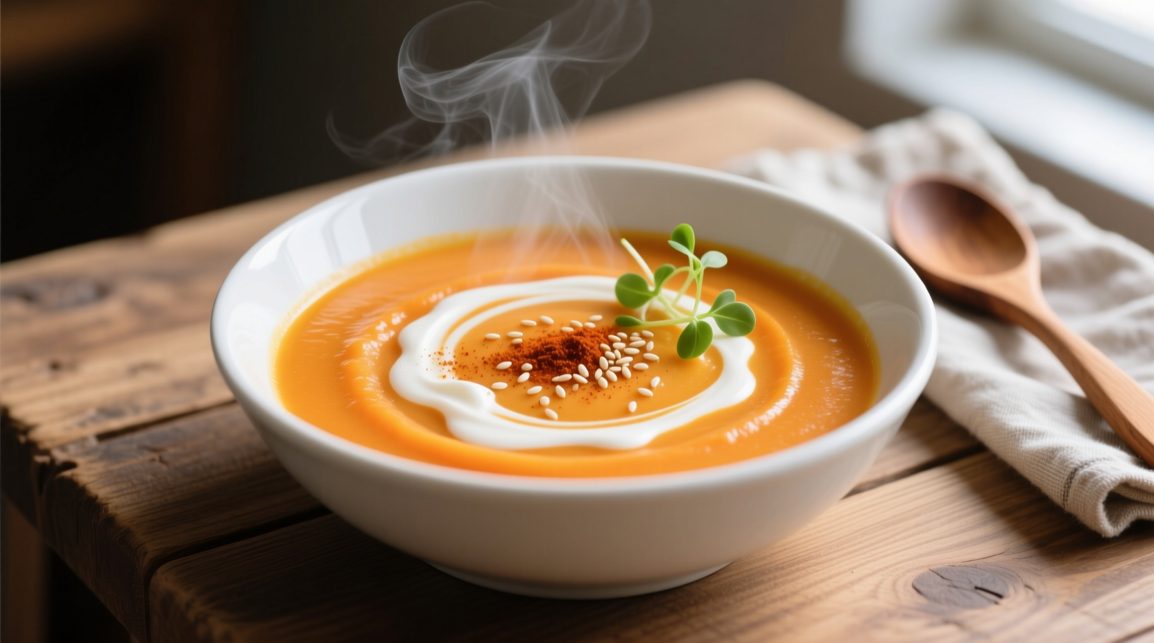 Creamy sweet potato carrot soup in white bowl with garnish