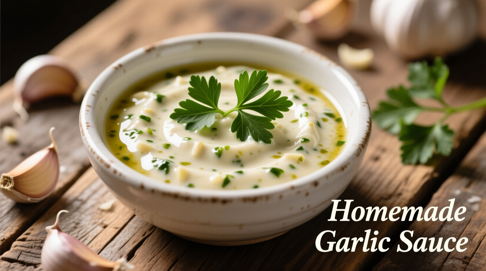 Homemade garlic sauce in white bowl with fresh parsley