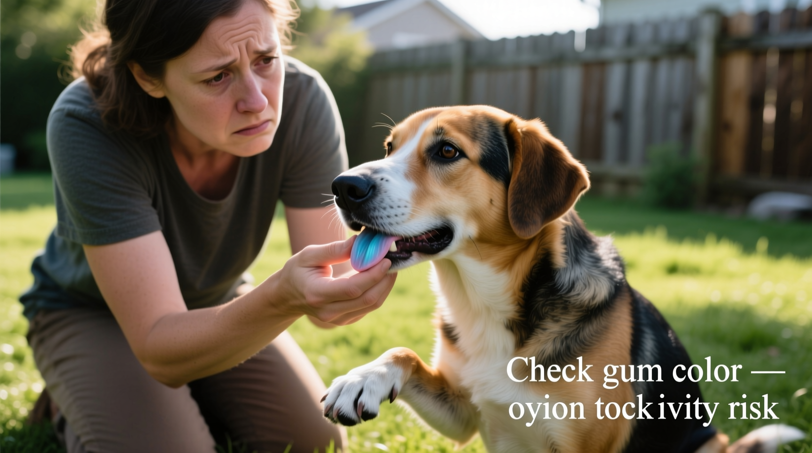 Dog owner checking pet's gum color for signs of onion toxicity