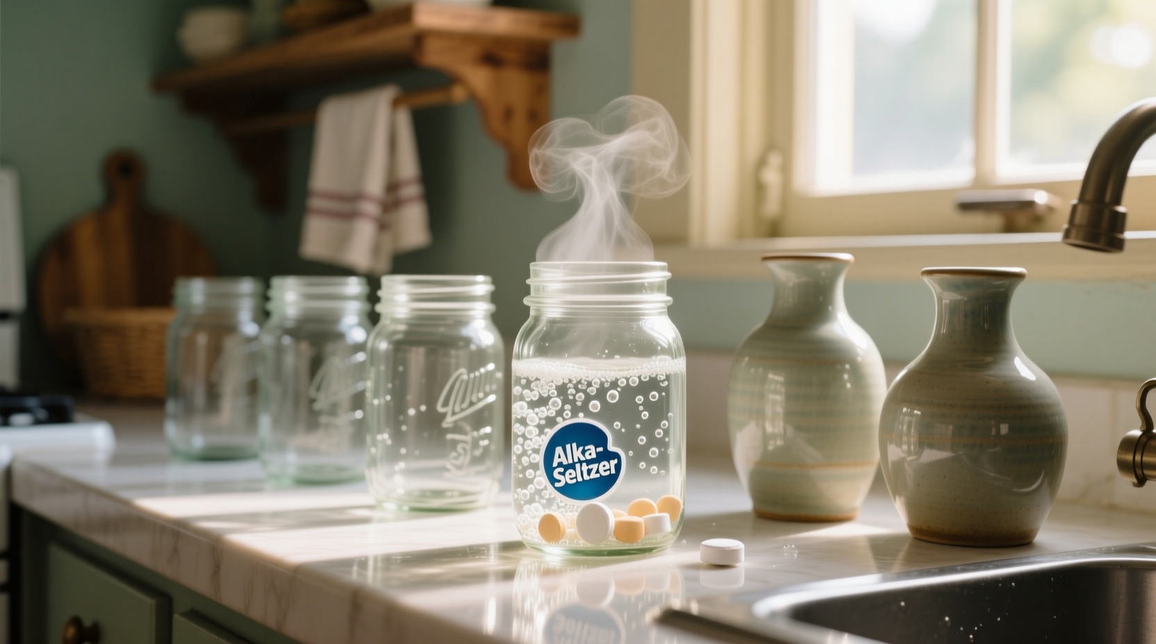 cleans jars and vases with alka seltzer when a scrub br