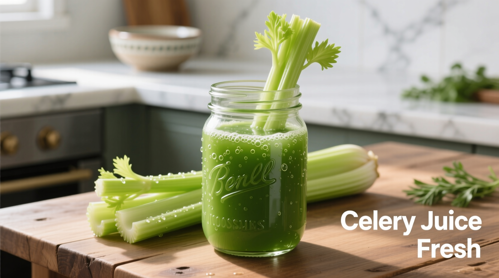 Fresh celery juice in glass jar with celery stalks