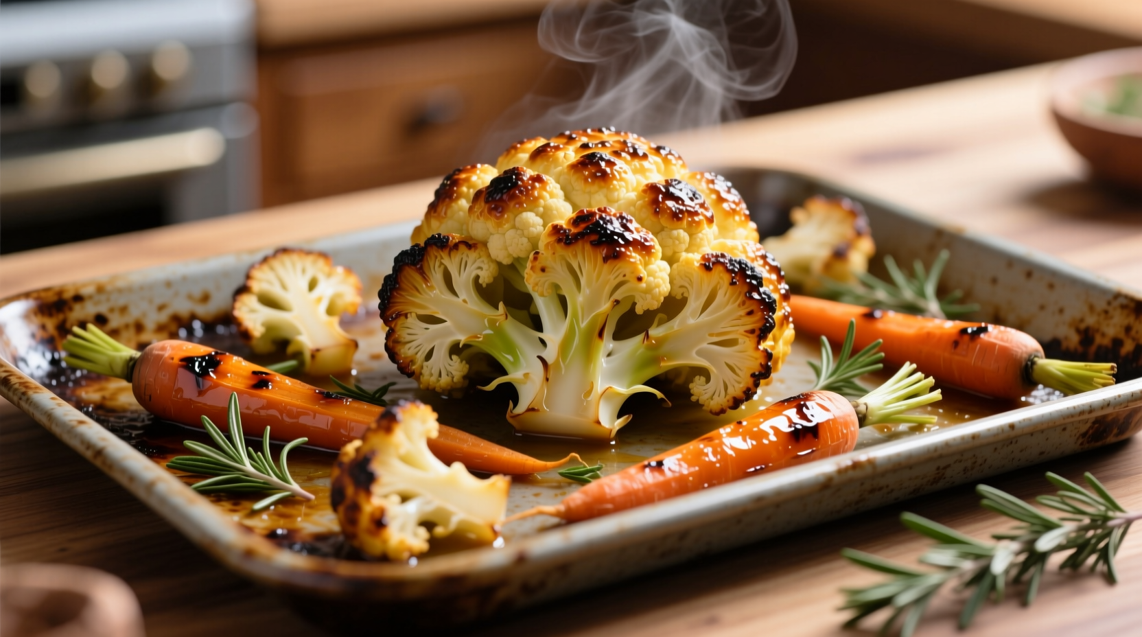 Perfectly caramelized roasted cauliflower and carrots on baking sheet