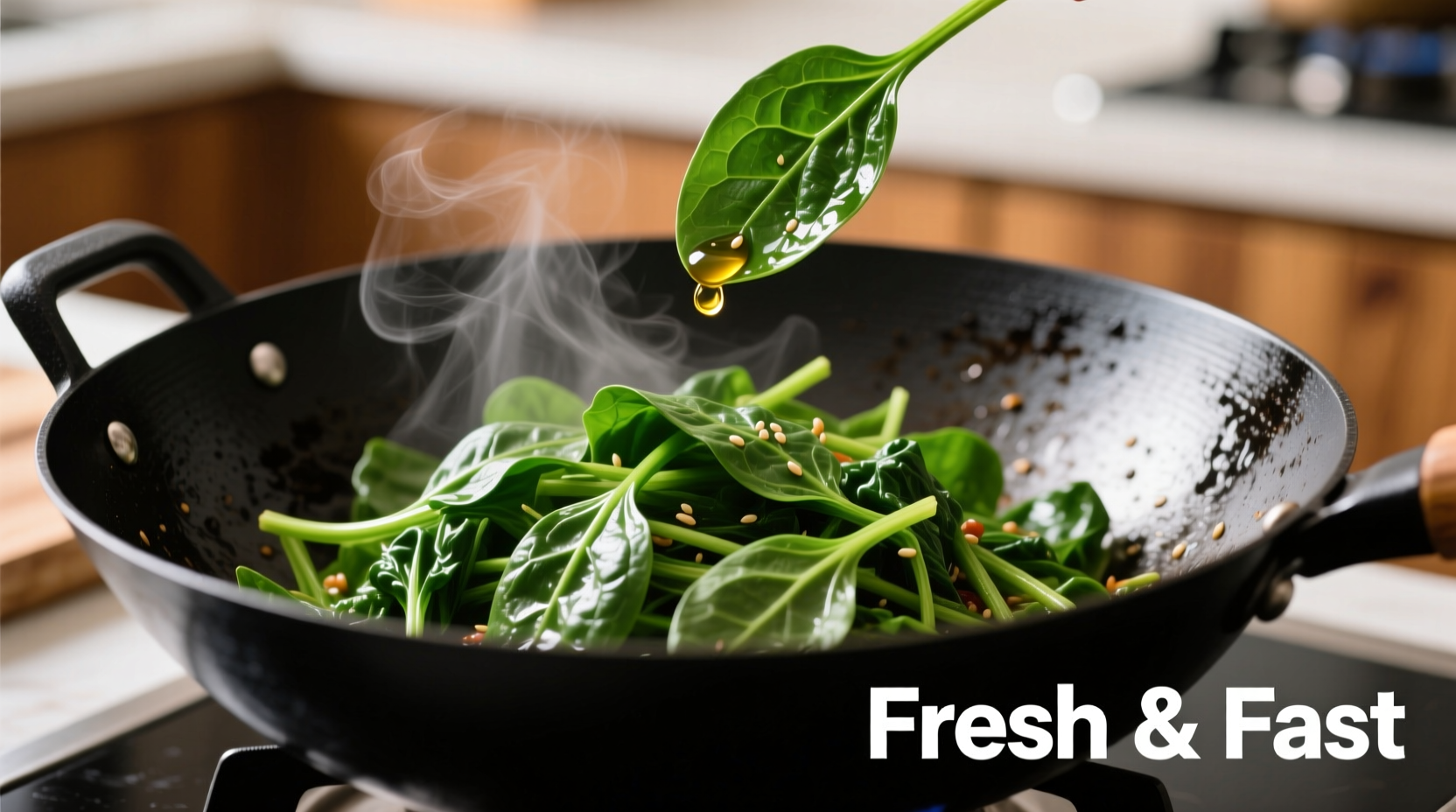 Perfect spinach stir fry in wok with vibrant green color