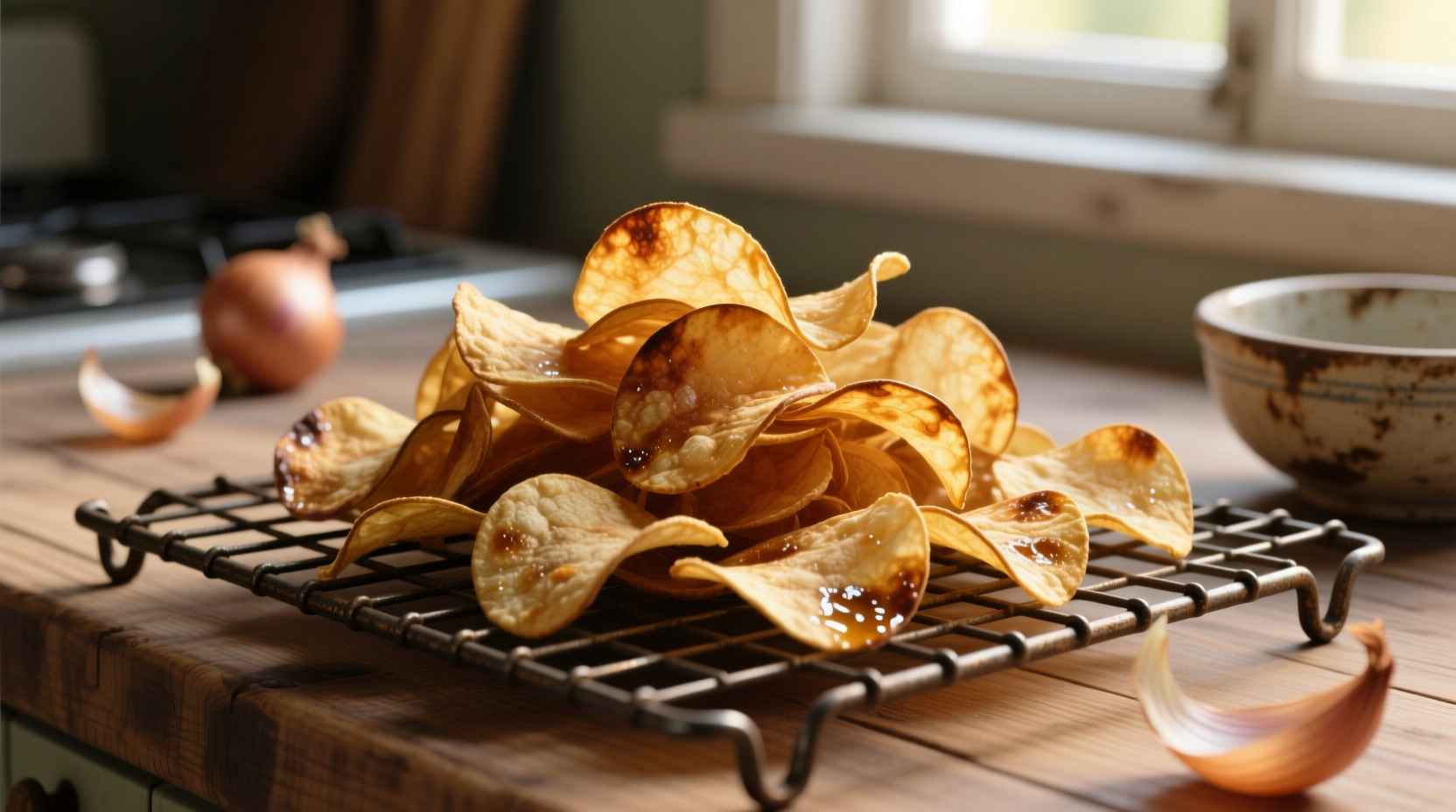 Golden brown homemade onion chips on wire rack