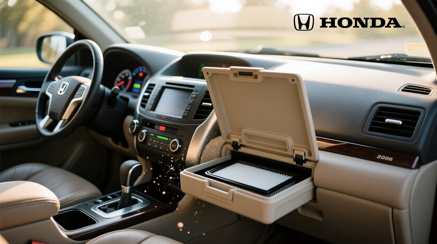 Cabin air filter location in a 2006 Honda Pilot shown behind open glove compartment