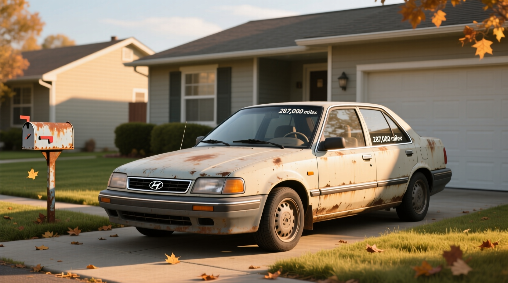 Side view of 1999 Hyundai Accent hatchback showing rear wheel well rust