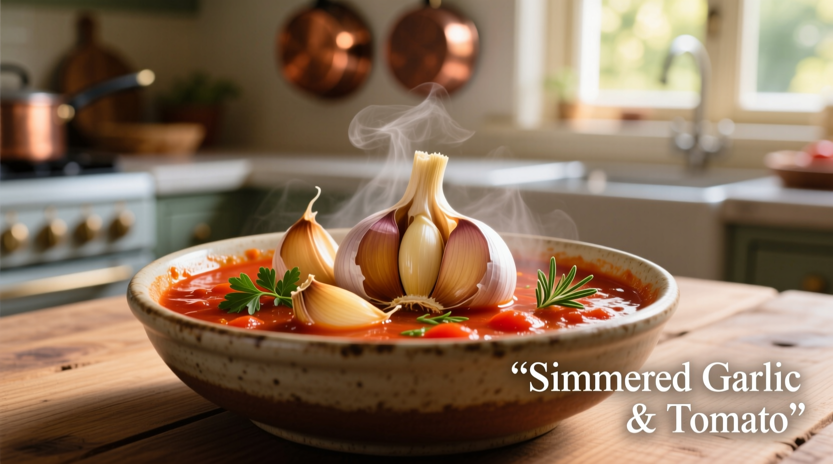 Fresh garlic cloves simmering in tomato sauce