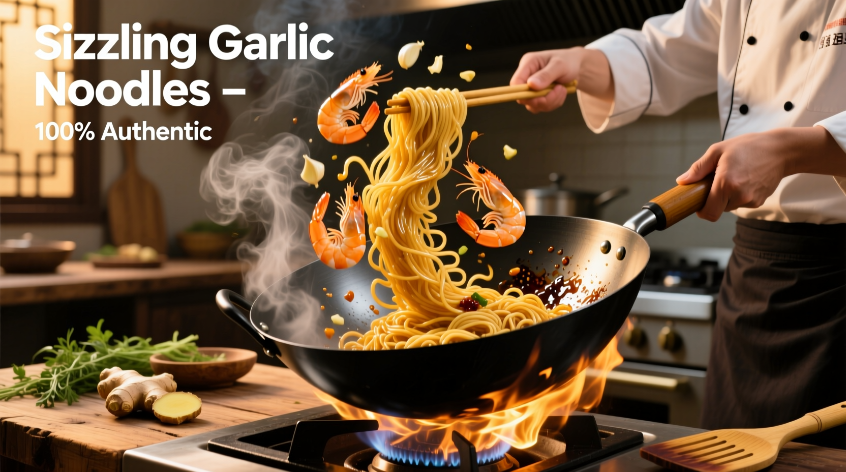Chef tossing garlic noodles with shrimp in wok