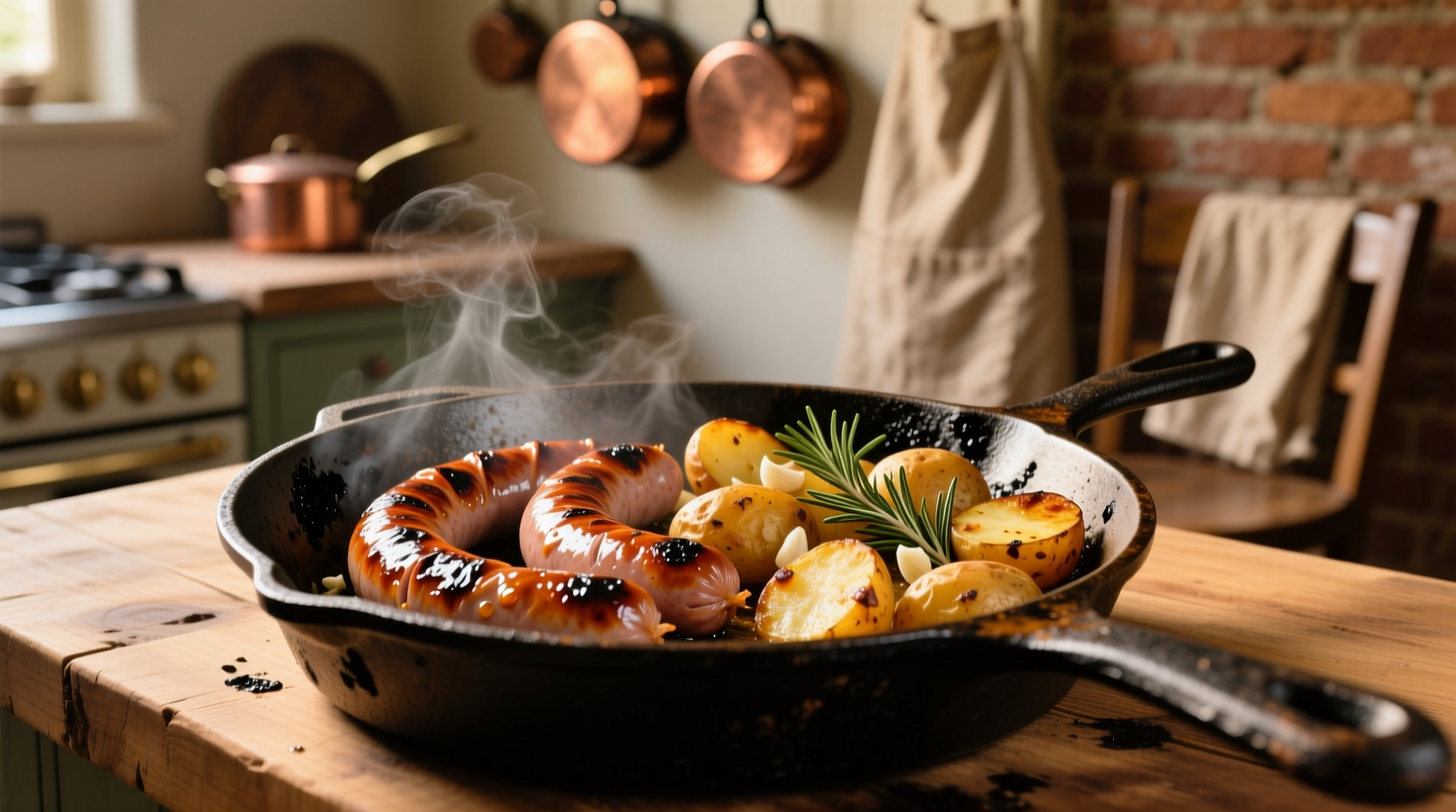 Polish kielbasa and roasted potatoes on cast iron skillet