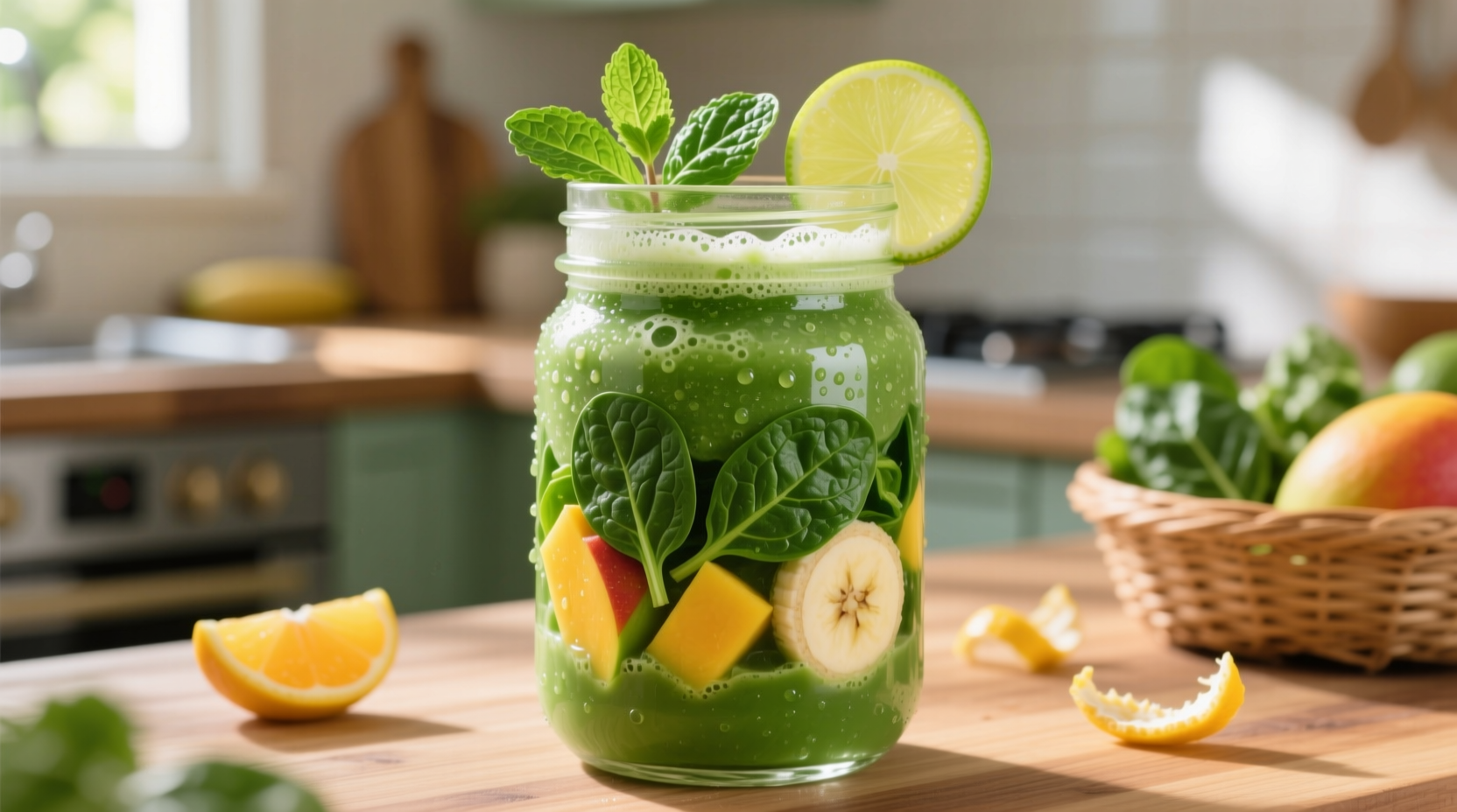 Vibrant green spinach and fruit smoothie in glass