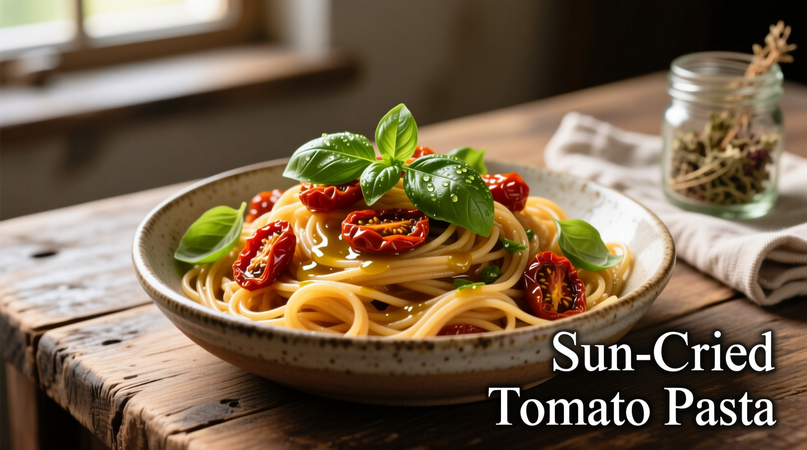 Sun-dried tomato pasta with fresh basil garnish