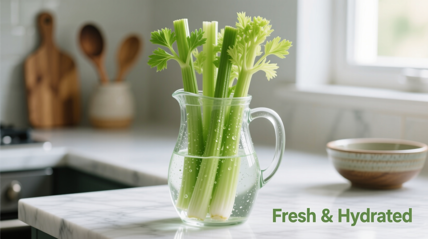 Fresh celery stalks in glass pitcher with water