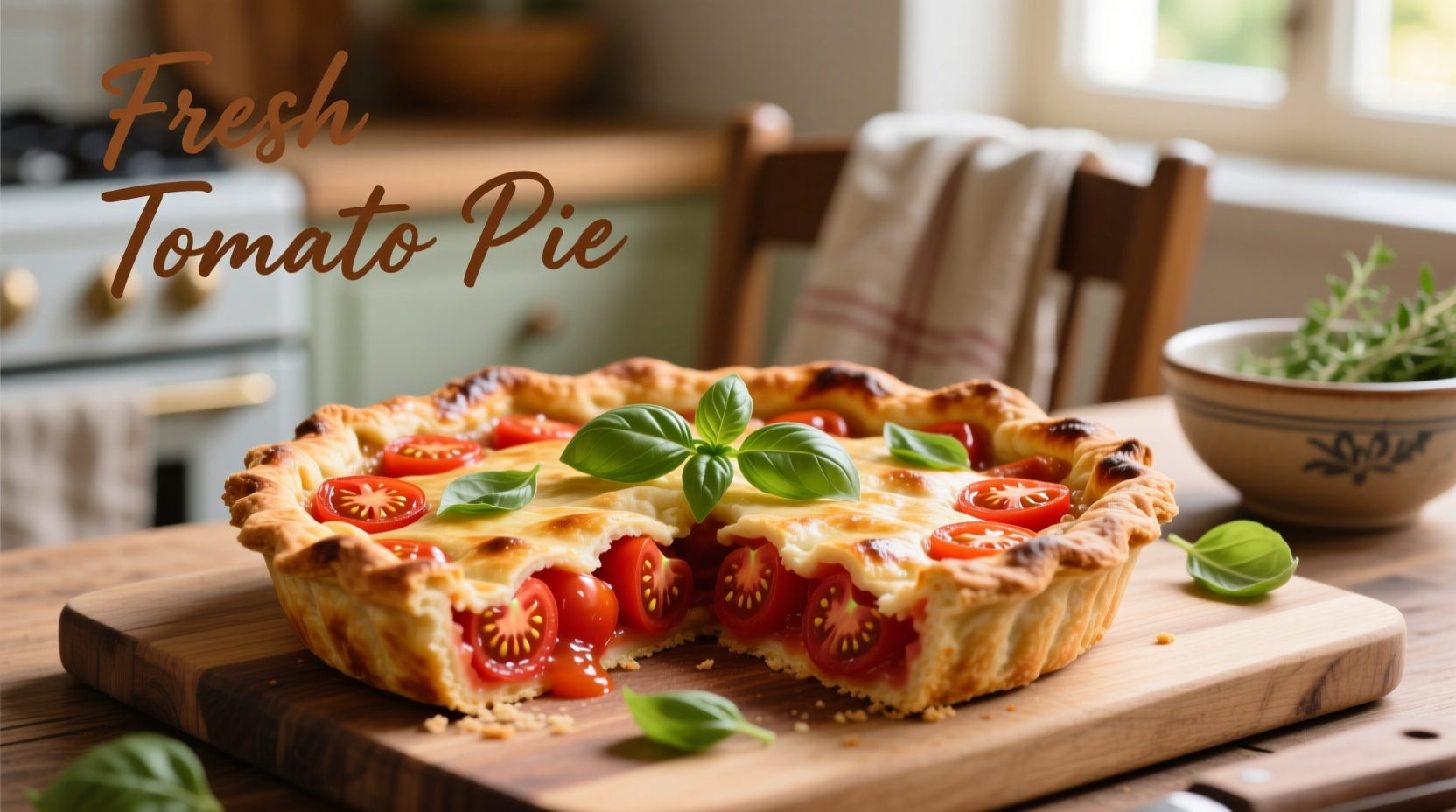 Fresh tomato pie with golden crust and basil garnish