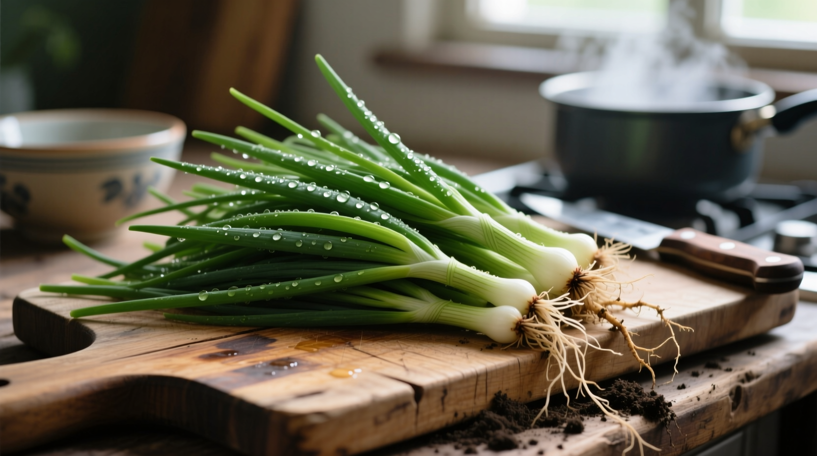 Freshly harvested onion chives on wooden cutting board