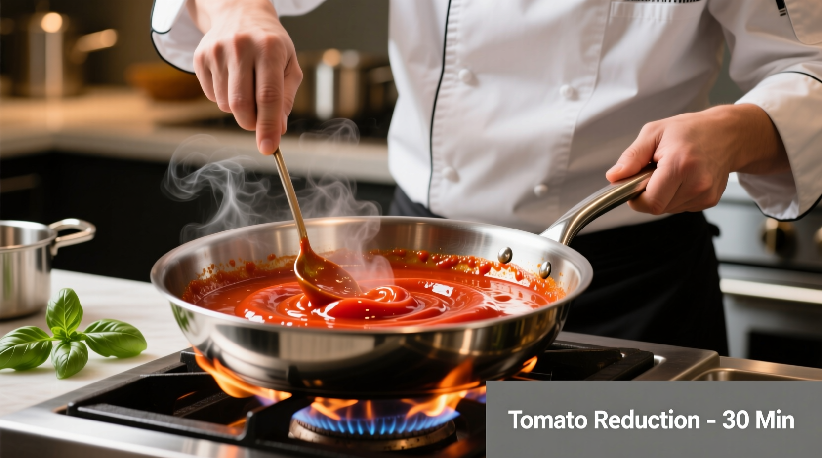 Chef reducing tomato sauce in stainless steel skillet