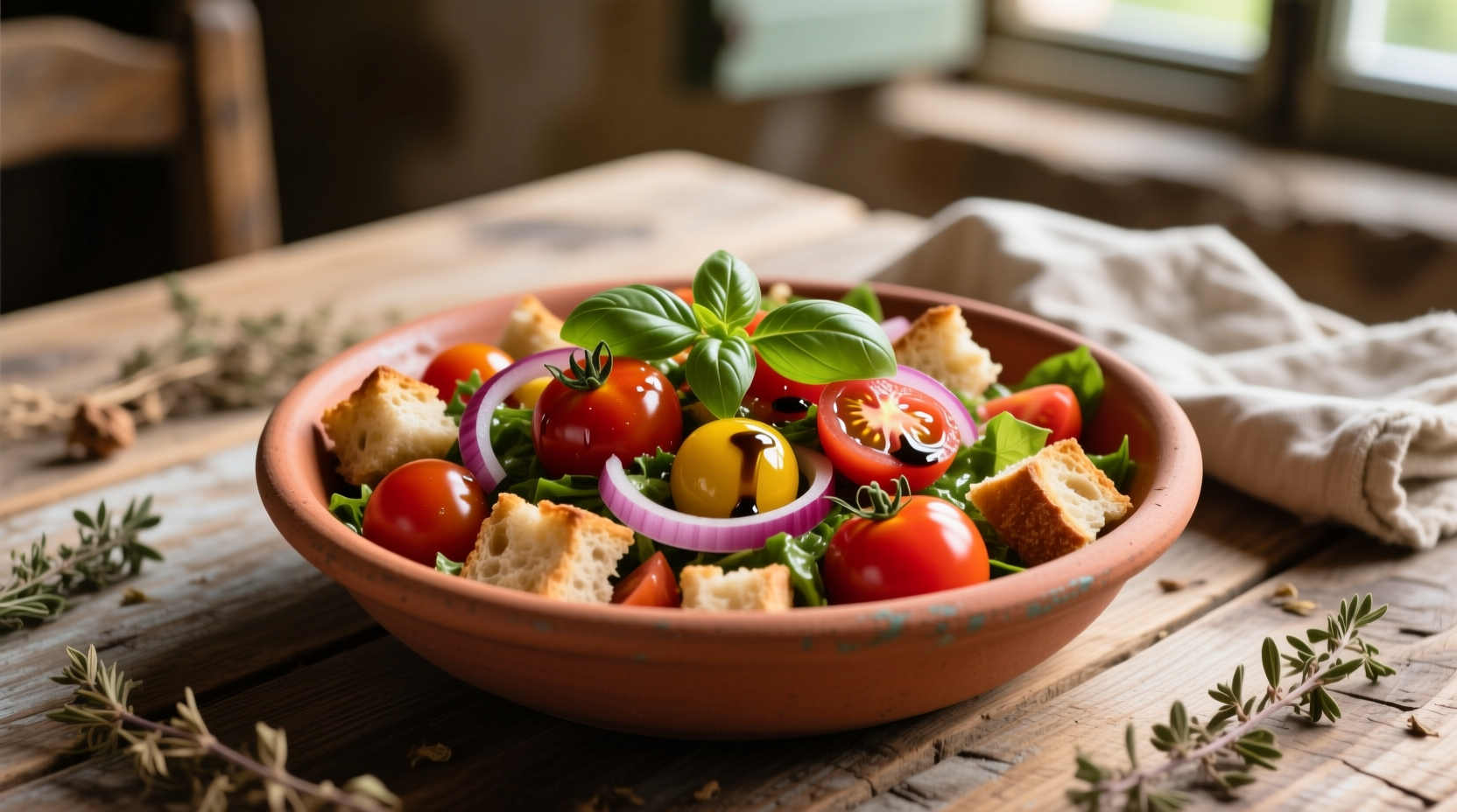 Fresh tomato panzanella salad in rustic bowl