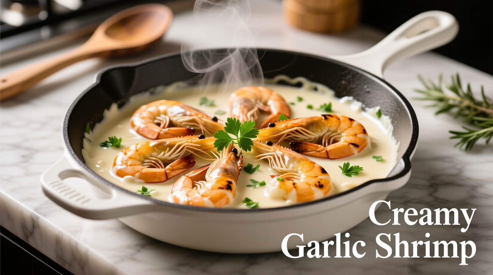 Creamy garlic shrimp in white skillet with fresh parsley