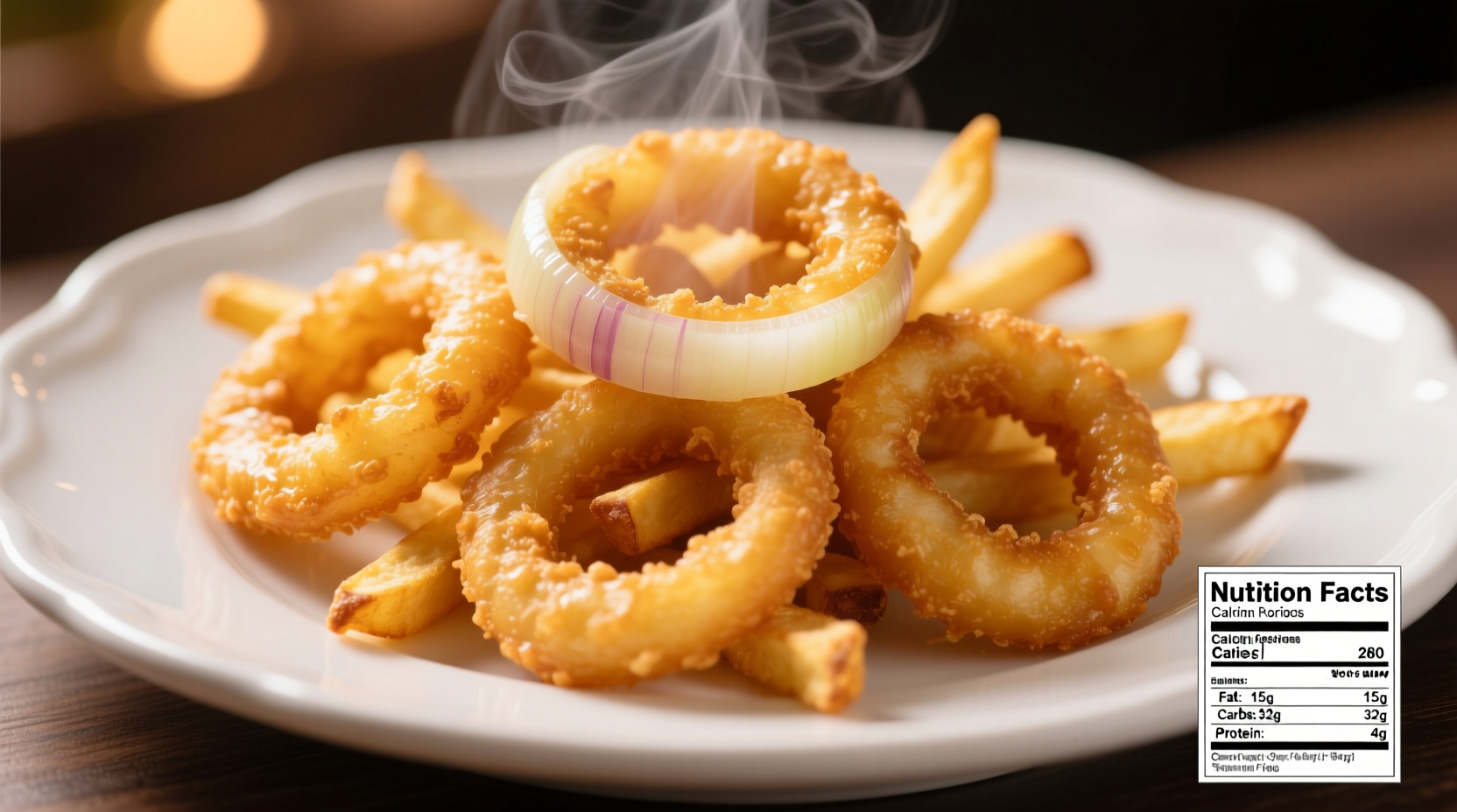 Freshly prepared onion rings on a plate with nutritional information