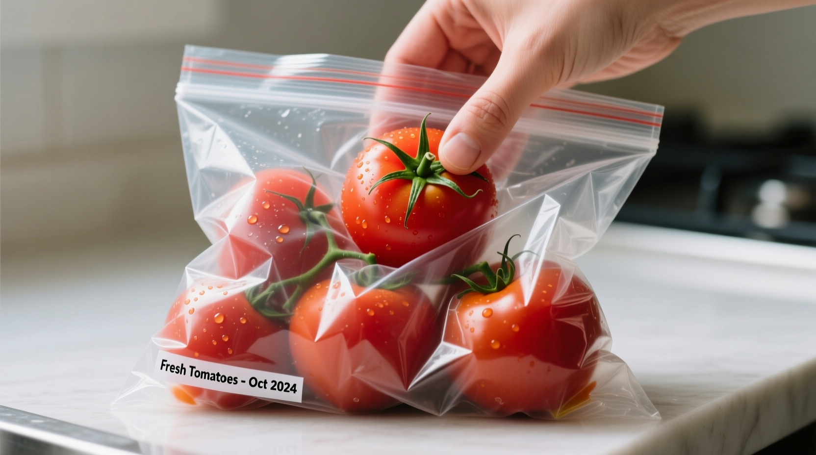 Fresh tomatoes being placed in freezer bags for preservation