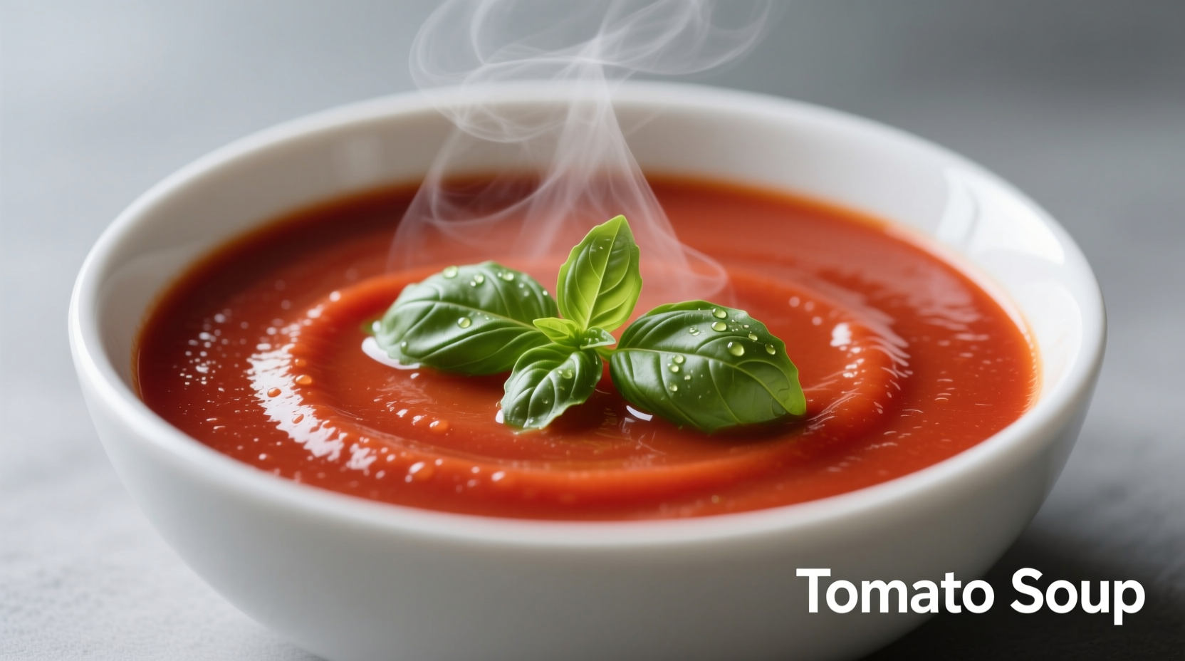 Tomato soup in white bowl with fresh basil garnish