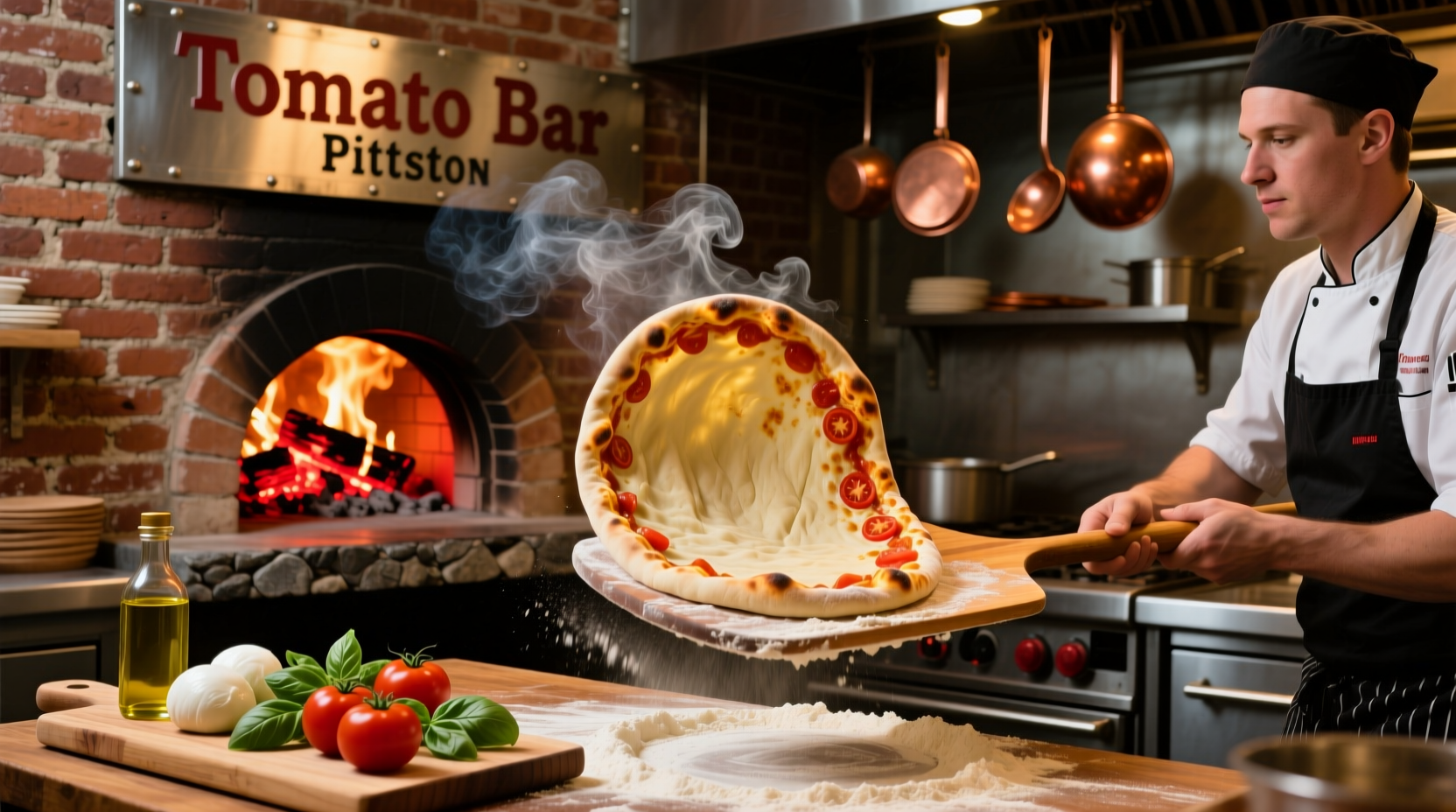 Tomato Bar Pittston wood-fired pizza preparation
