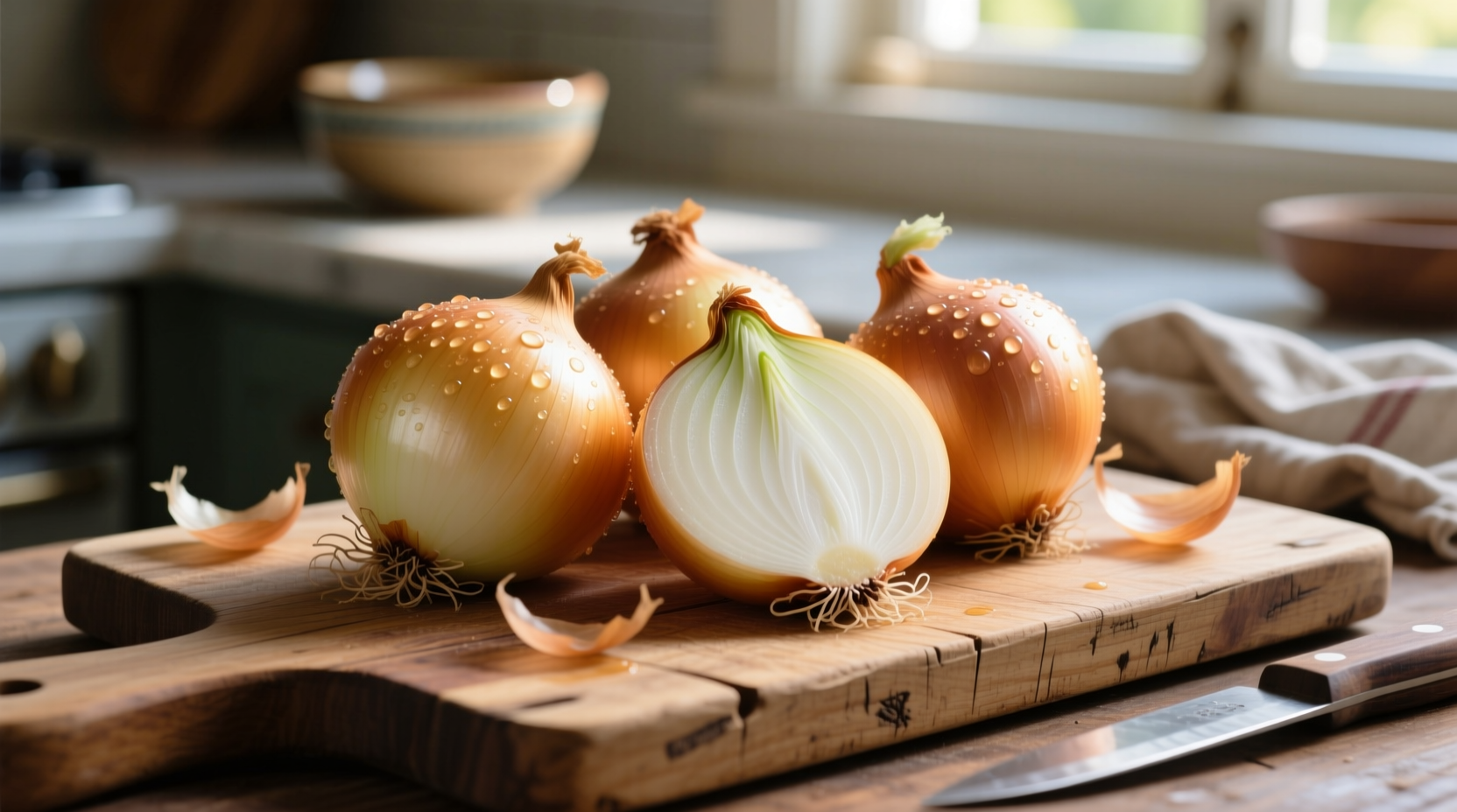Fresh Vidalia onions on wooden cutting board