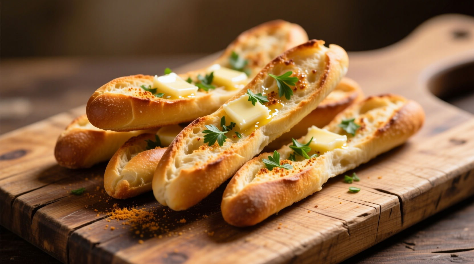 Golden garlic breadsticks on wooden cutting board