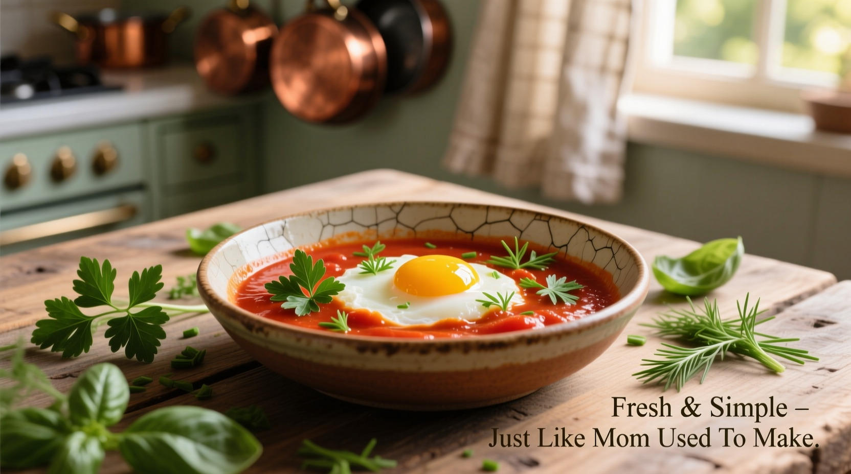 Perfect eggs poached in rich tomato sauce with fresh herbs