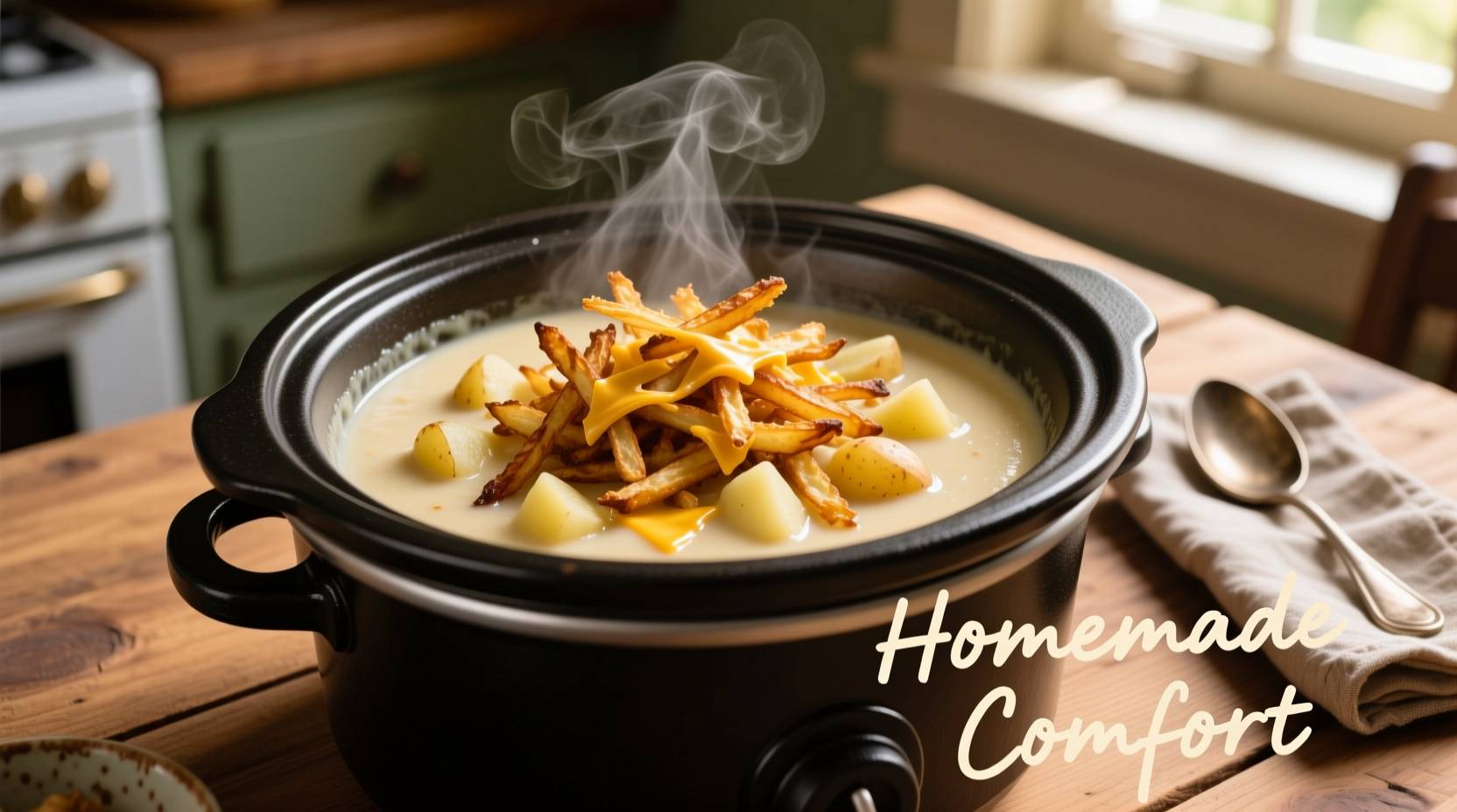 Crock-pot filled with creamy potato soup and hash browns