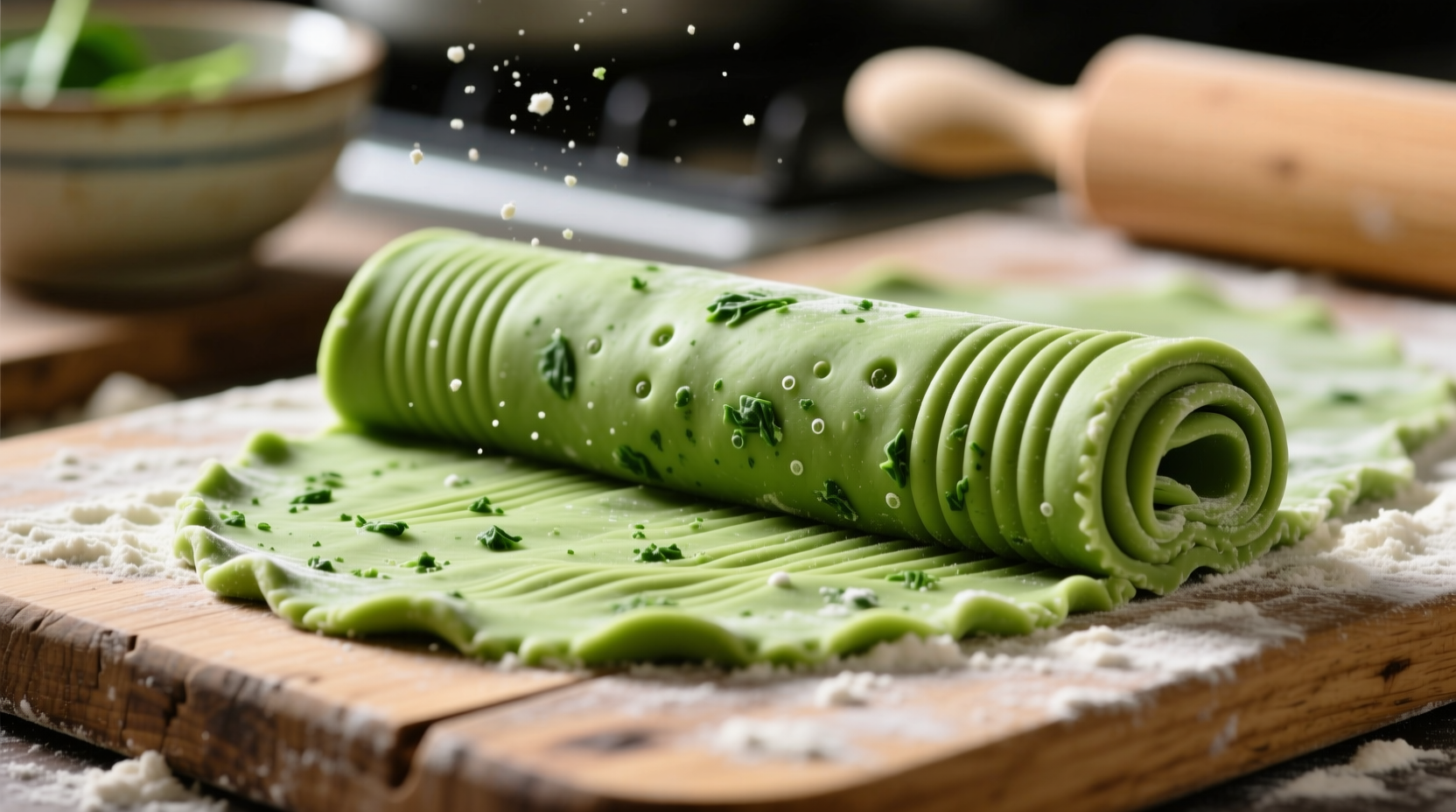 Vibrant green spinach pasta dough on wooden board