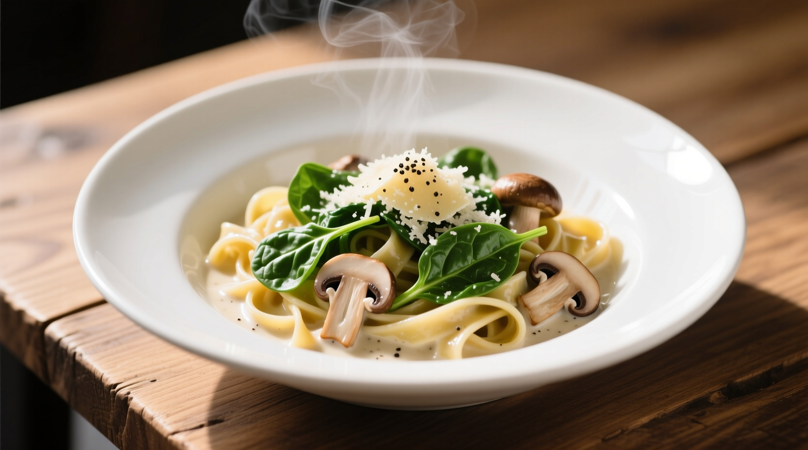 Creamy mushroom spinach pasta in white bowl