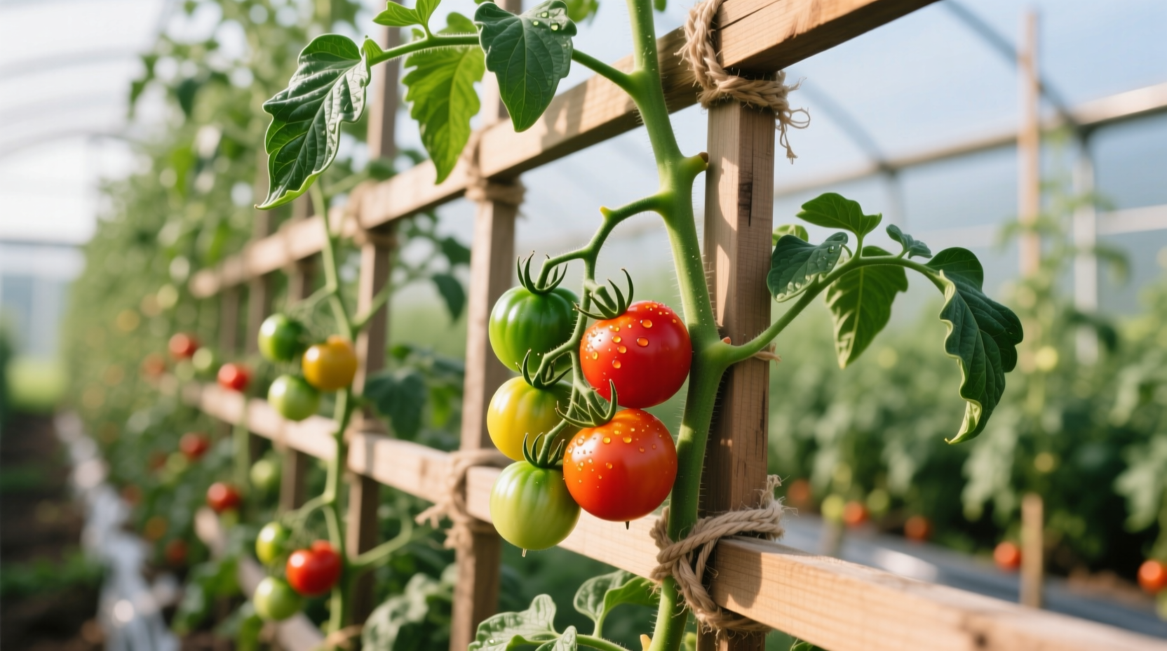 Tomato vine trained on trellis system with proper spacing