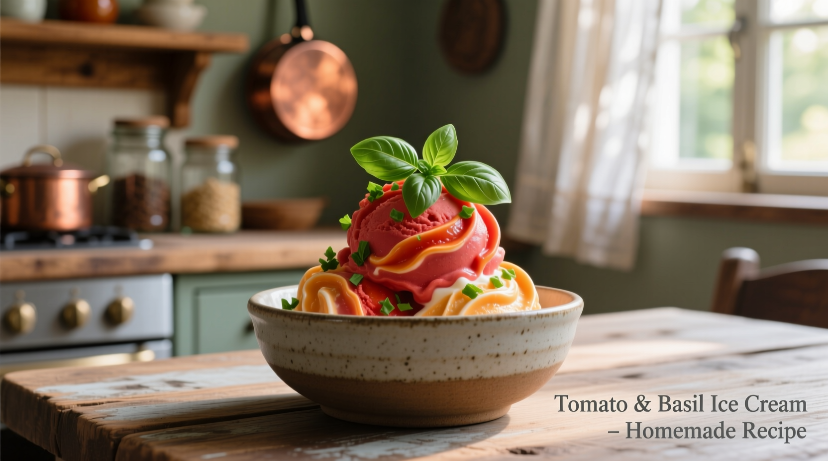 Homemade tomato ice cream with basil garnish