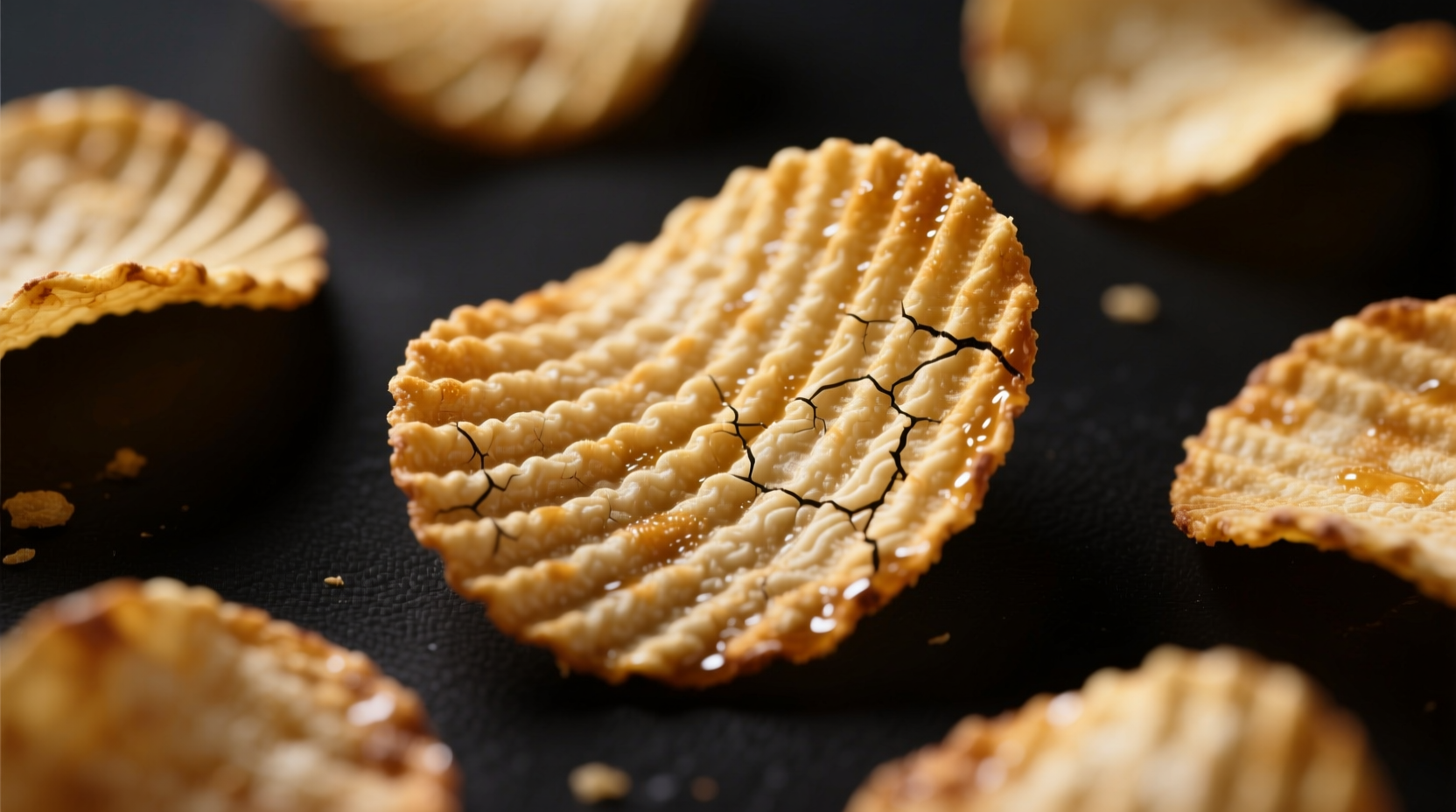 Close-up of textured ridged potato chips showing detailed wave pattern