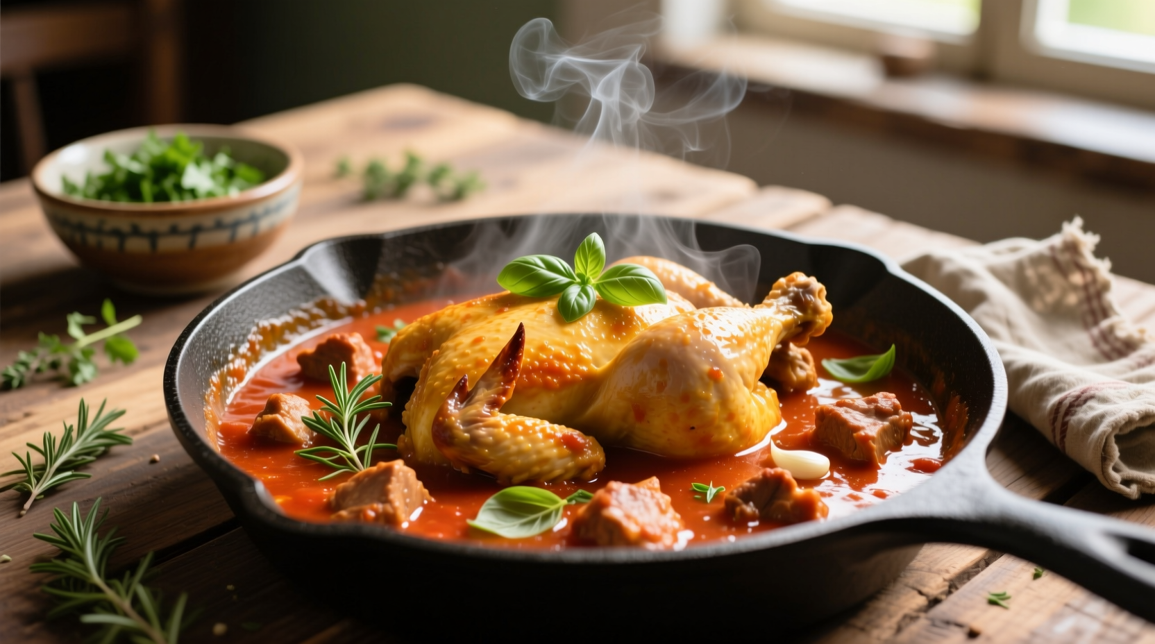Golden chicken simmering in rich tomato sauce with herbs