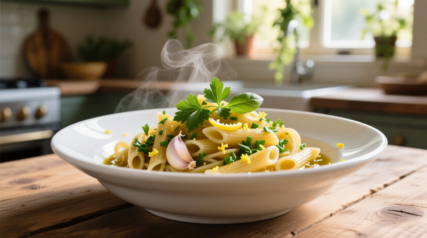 Fresh garlic and herb pasta in white bowl