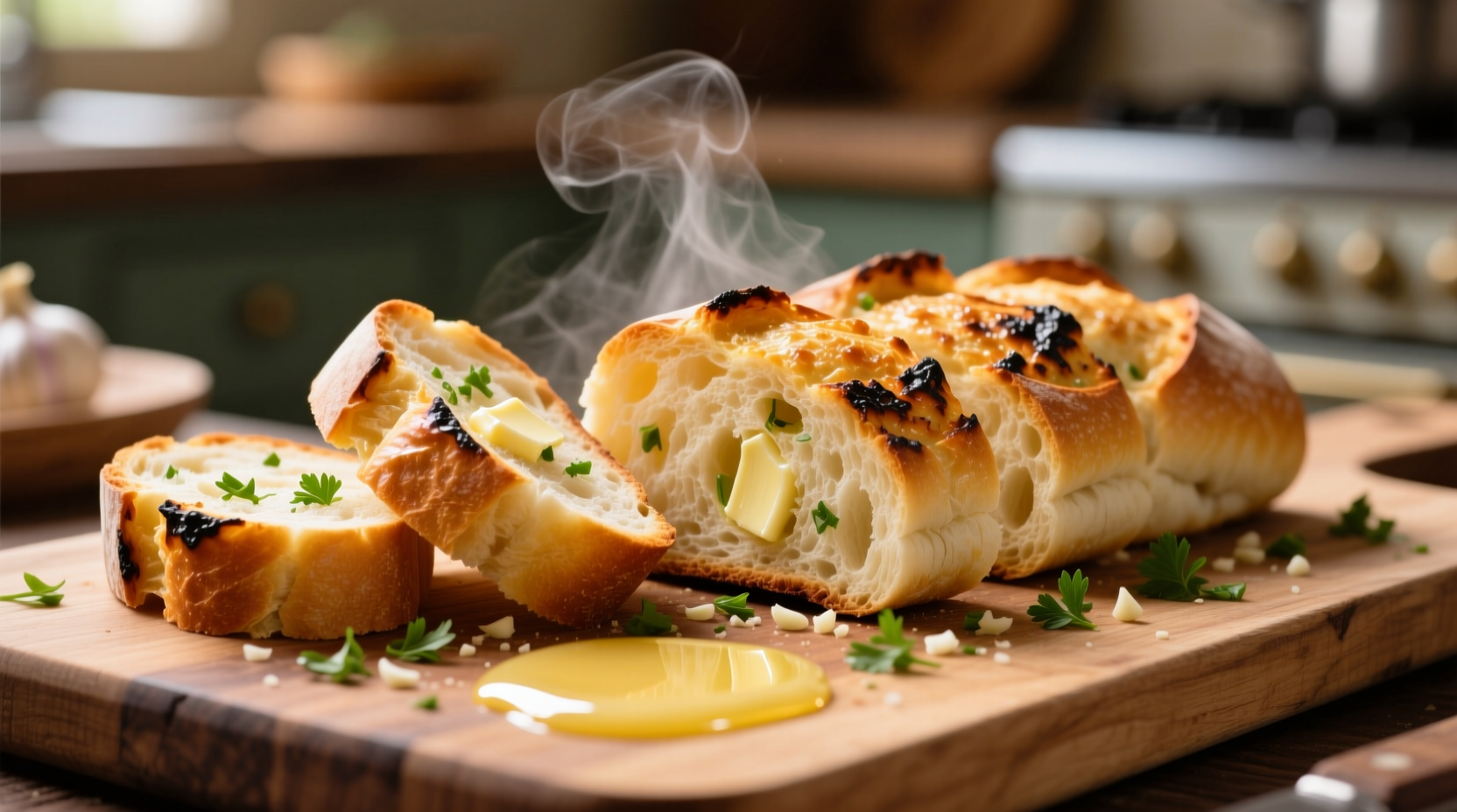 Freshly baked garlic bread with golden crust